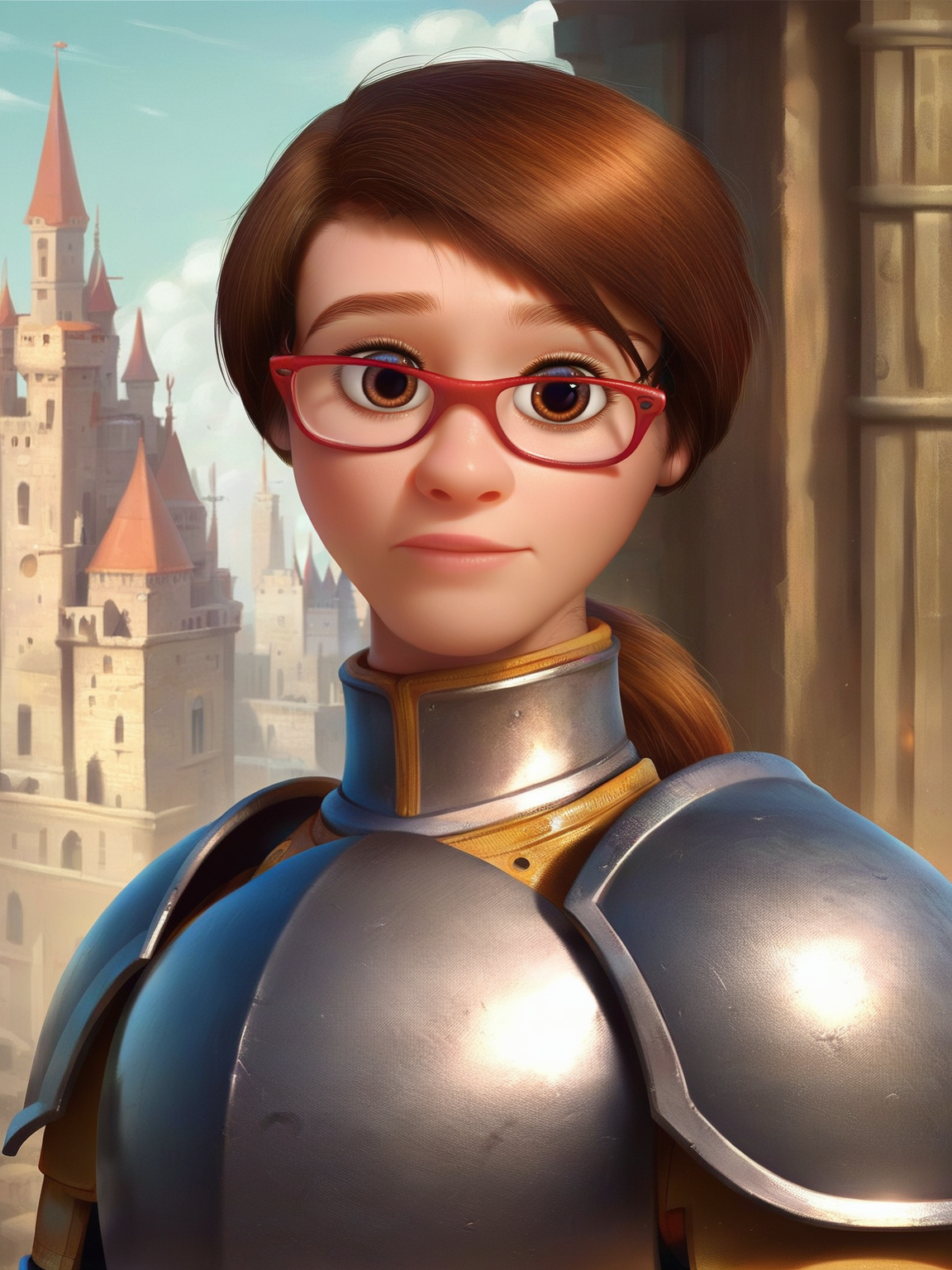 <lora:mrs_Andersen:0.9> brown eyes, brown hair, m_a, 1girl, red glasses, ponytail hair,   ((steel knight armor)), castle background,, score_9, score_8_up, score_7_up,