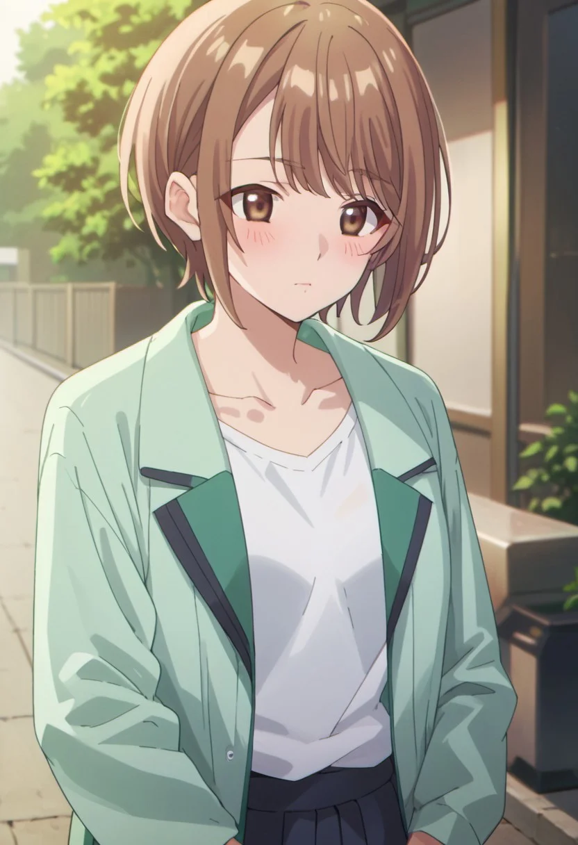 score_9, score_8_up, score_7_up, source_anime,jinguji rumi, short hair, brown hair, brown eyes, 1girl, solo, shirt, jacket, upper body, blush, collarbone, white shirt, outdoors, open jacket, open clothes, green jacket