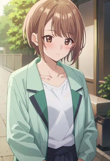 score_9, score_8_up, score_7_up, source_anime,jinguji rumi, short hair, brown hair, brown eyes, 1girl, solo, shirt, jacket, upper body, blush, collarbone, white shirt, outdoors, open jacket, open clothes, green jacket
