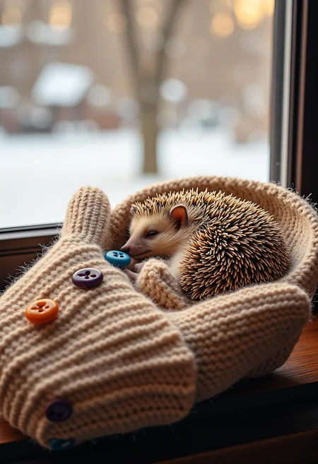 A tiny hedgehog curled up asleep inside a giant, knitted mitten, nestled amongst soft yarn and colorful buttons. The mitten is resting on a windowsill overlooking a snowy winter landscape. Soft, warm light streams in from the window, creating a cozy and inviting atmosphere.
