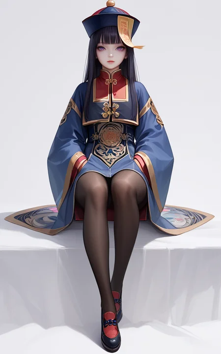 score_9,score_8_up,score_7_up,
<lora:jiangshiPony:1>,
jiangshi,1girl,solo,hat,white background,pantyhose,simple background,purple eyes,long hair,qing guanmao,shoes,hands in pockets,full body,looking at viewer,sleeves past fingers,sitting,bangs,black pantyhose,long sleeves,sleeves past wrists,blunt bangs,wide sleeves,ofuda,