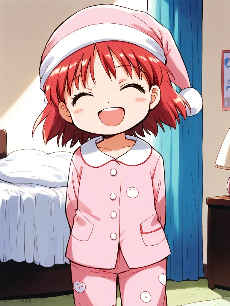 score_9, score_8_up, score_7_up, source_anime, rating_explicit, BREAK <lora:momo_shunrai_XL:1> momo_ shunrai, short stack, short hair, red hair, closed eyes,
pink pajamas, pink night cap, stuffed animal, 1girl, open mouth, solo, arms behind back
room, flooring, curtain,
smile, standing,
looking at viewer,
cowboyShot,