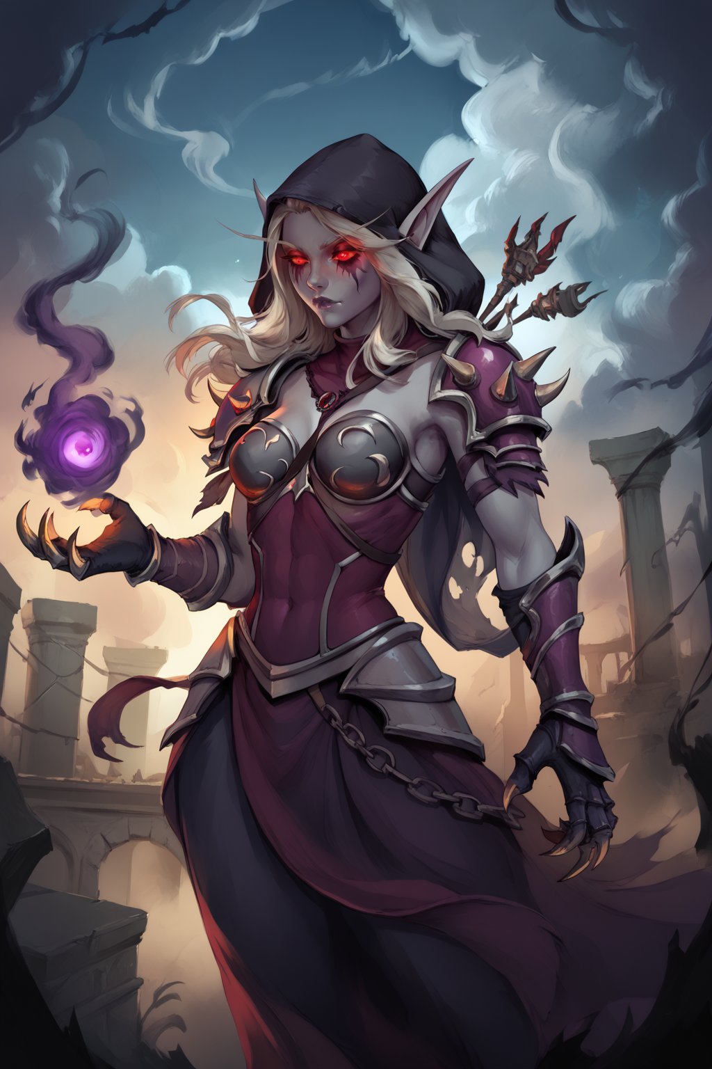 score_9, score_8_up, score_7_up, masterpiece, high quality, BREAK
 <lora:Sylvana WindrunnerBansheePonyLoRA:0.8>sylwinbansh, banshee, long hair, pointy ears, grey skin, hood, shoulder pads, breastplate, glowing eyes, skulls on shoulder, red eyes, smoke, gloves, glowing, claws, floating, (mist cloud), ruins, magic, casting, portrait
