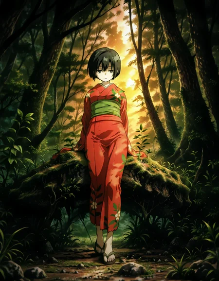 (1girl, solo:1.3), (2girls, 3girls, 4girls, multiple girls, 2boys, 3boys, 4boys, multiple boys:-1.5) <lora:Ioroi_Renzu_Mushi-shi_Illustrious:0.9>, ioroi_renzu, medium breasts, grey eyes, green eyes, black hair, short hair, bob cut, bangs, hair between eyes, japanese clothes, kimono, red kimono, obi, green obi, sandals expressionless, (half-closed eyes:0.7), general, contrapposto, dynamic pose, arms behind back, portrait, from behind, from below, dutch angle, outdoors, forest, japanese forest, japanese shrine, (torii:-1.0), ancient forest, dense foliage, mossy trees, mist, eerie silence, no people, overgrown, primeval, twilight lighting, mystical, waterfall, A vast, untouched forest frozen in time, where ancient, towering trees with thick, moss-covered trunks rise from a ground layered with centuries of decaying leaves and soft green undergrowth. Twisted roots snake across damp soil, and the air hangs heavy with mist and silence. Shafts of pale light struggle to pierce the dense canopy, casting a faint glow on the shadowy floor below. Ferns and strange fungi thrive in the perpetual twilight, and no sign of human presence disturbs the eerie stillness. The atmosphere feels sacred, as if the forest itself is watching. An ancient forest with towering trees, where the ground is completely covered in vibrant green moss, creating a soft, carpet-like texture that absorbs all sound. The moss spreads in every direction, blanketing stones, roots, and fallen branches, giving the forest an untouched, surreal feeling. A green forest with tall trees and dense foliage, an abstract depiction of a tranquil forest scene, where the towering trees create a serene, mystical atmosphere. The forest floor is covered with rich greenery, and the soft natural light filters gently through the leaves, subtly illuminating the scene without overpowering the natural beauty of the surroundings. (close-up, face focus:1.2), (lying, on grass, on mold, on moss:1.3), morning, fog, rain, perspective, evening, (from below:1.2), straight-on, (light leaks, light rays:1.1), <lora:NOOB_EPSv1_1_detailer_by_vlnvk_v1_0:1.5>, (photo background:0.7), evening, sunset, (tachibana yuu:0.6), inue shinsuke, (kazuma muramasa:0.0), saikawa yusa, (aoi manabu:0.6), abarerumidori, (suzui narumi:0.6), masterpiece, newest, absurdres, 8K, anime screenshot, anime coloring, flat color, official art, film grain, <lora:illustriousXLv01_stabilizer_v1.185c:0.7>, <lora:LECO_Solo:-4.0>,