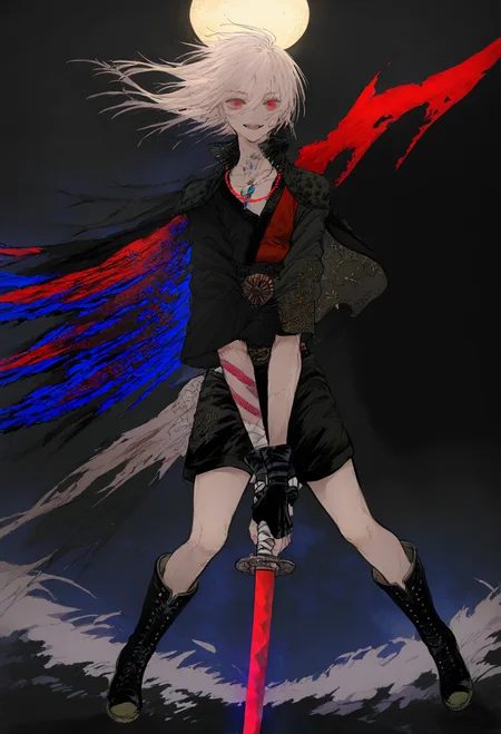 1girl, male focus, 1boy,
solo, weapon, sword, tattoo, holding sword, gloves, holding weapon, holding, red eyes, white hair, arm tattoo, moon, wings, black gloves, black footwear, necklace, bandages, jewelry, katana, full body, boots, sky, smile, shorts, night, night sky, looking at viewer, open mouth, feathered wings, full moon, fingerless gloves, long sleeves, single wing,
.
masterpiece, best quality, very aesthetic, absurdres
<lora:monfornoob:0.95>