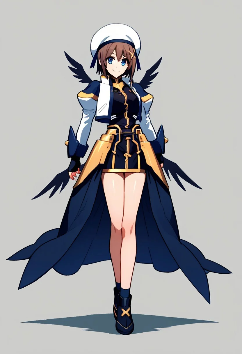 score_9, score_8_up, score_7_up, source_anime, good anatomy, 1girl, solo, black dress with gold trim, short dress, fingerless gloves, faulds, puffy sleeves, juliet sleeves, cropped jacket, open jacket, waist cape, white and navy blue jacket, waist cape, white beret, navy blue ribbon, bare legs, black shoes with gold cross, black socks, standing, smiling, full body