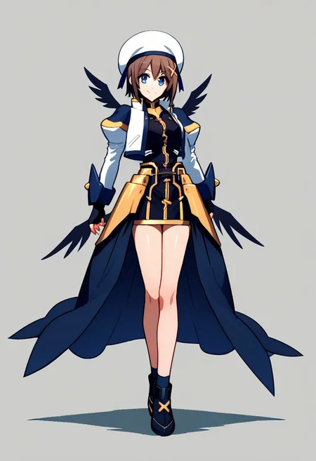 score_9, score_8_up, score_7_up, source_anime, good anatomy, 1girl, solo, black dress with gold trim, short dress, fingerless gloves, faulds, puffy sleeves, juliet sleeves, cropped jacket, open jacket, waist cape, white and navy blue jacket, waist cape, white beret, navy blue ribbon, bare legs, black shoes with gold cross, black socks, standing, smiling, full body