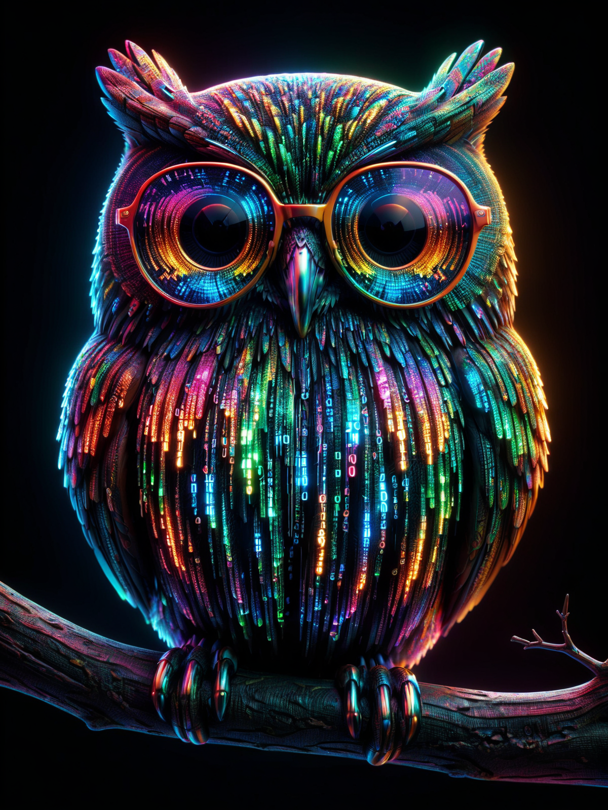 glowing colorful mad-mtrx owl with sunglasses perched on a branch,dark night <lora:Colorful_Matrix_SDXL:1.0>, (masterpiece:1.2), best quality, (hyperdetailed, highest detailed:1.2), high resolution textures