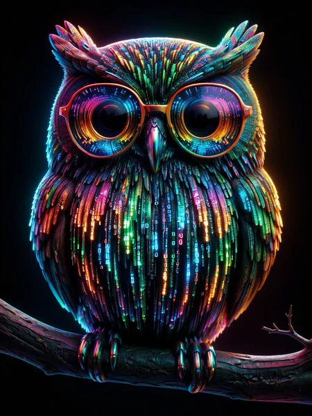 glowing colorful mad-mtrx owl with sunglasses perched on a branch,dark night <lora:Colorful_Matrix_SDXL:1.0>, (masterpiece:1.2), best quality, (hyperdetailed, highest detailed:1.2), high resolution textures