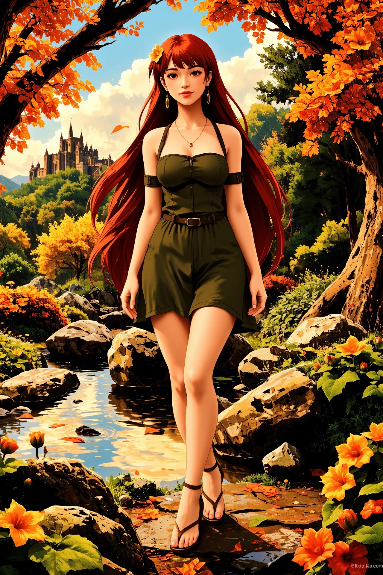 long hair red hair (young woman), (druid:1.2), anime, illustration, (extremely detailed), (portrait), (standing:1.2), (happy smile), flower in hair, glossy lipstick, celtic necklace, oval earrings, loincloth, (sandals),  Olive Green (druid short dress), (legs), heels, (sharp focus),  fantasy, (beautiful celtic landscape:0.9), (small rock:0.9), (moss:0.4), (ripples, reflections:0.8), celtic  castle, (small river small pond:0.5), druid forest, (druid village:1.2), (stunning nature environment:0.8), (enchanted land:0.5), clovers, (Bright Orange flowers:0.9), leaves,bright (sunny sky), (sunset:0.3), best quality, colorful, wet floor, raytracing, hdr, high contrast, ethereal natural lights, backlight, (lens flare:0.4), shadows, (vibrant colors, colorful):0.6, pretty, beautiful, happy, smiling, feminine, sexy, lovely, in love, adorable, fashion,  <lora:Hand v2:1> <lora:Anti-Blur:1><lora:Insane Detail Slider:0.5>  <lora:flux.1_lora_flyway_Epic-detail_v2:0.3><lora:fluxenhancer:0.5> <lora:RetroAnimeFluxV1:0.4> <lora:Luminous_Shadowscape:0.4>