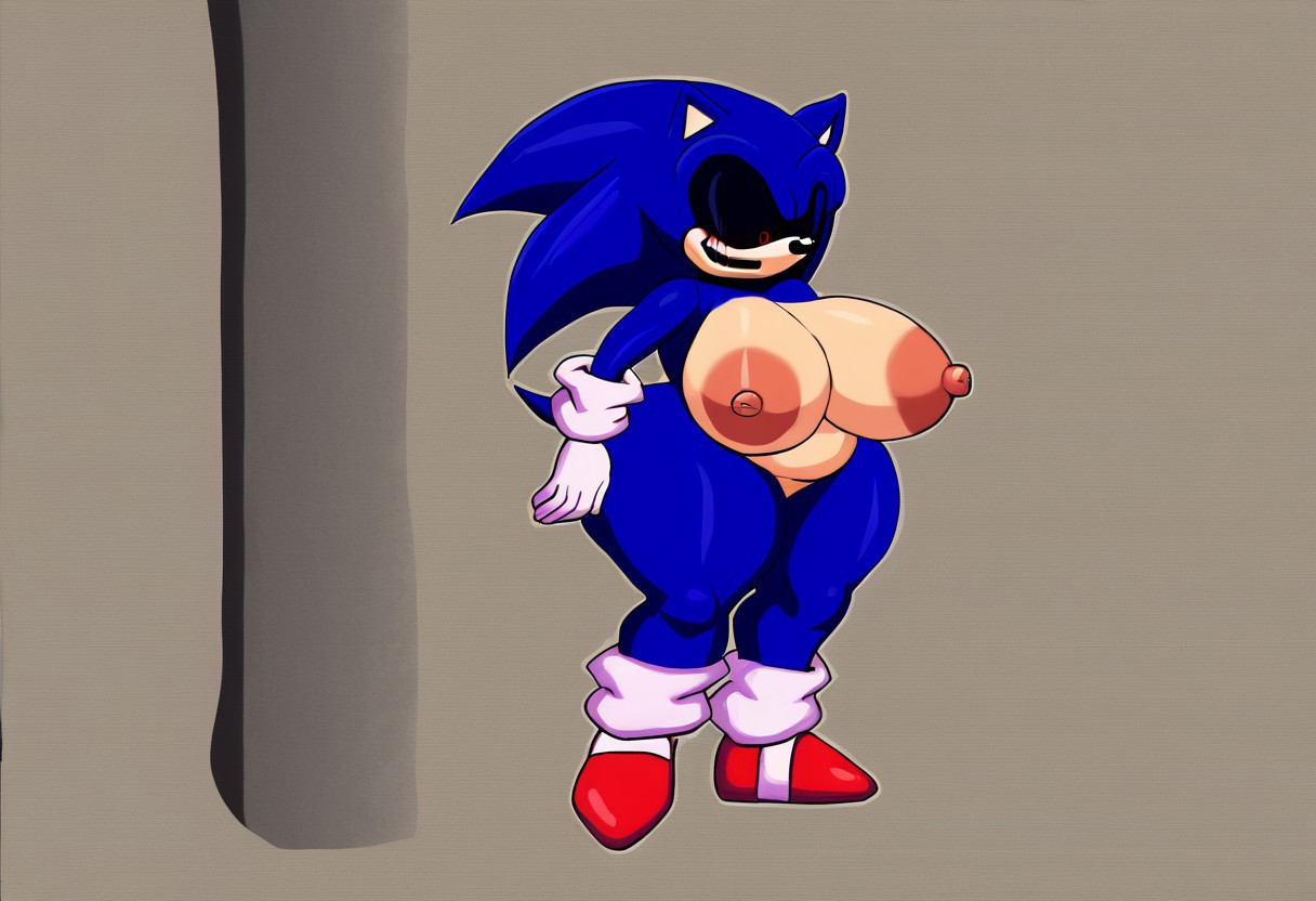 Luis_EXE, gloves, 1girl, animal ears, blue hair, shoes, socks, white gloves, white socks, spiked hair, red footwear, furry, furry male, body fur, white fur, animal nose, two-tone fur, blue fur, sonic the hedgehog, dark, menacing appearance, gleowing red eyes exaggerated, creepy elements features, standing, full body, big breasts, huge nipples, bedroom, thicc, huge thighs