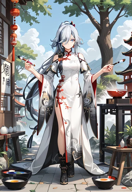 score_9,score_8_up,score_7_up,source_anime,FU_HUA,1girl,solo,long hair,looking at viewer,blue eyes,black hair,long sleeves,hair ornament,dress,holding,closed mouth,bare shoulders,very long hair,standing,blue hair,full body,grey hair,ponytail,earrings,boots,food,wide sleeves,black footwear,white dress,hair over one eye,cape,tree,clothing cutout,chinese clothes,high ponytail,china dress,single earring,bowl,hairpin,shoulder cutout,paintbrush,yin yang,