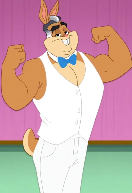 walter bunny, looney tunes style, looney tunes, anthro rabbit, rabbit ears, anthropomorphic, cartoon, middle aged man, middle aged, buck teeth, grey hair, white hair, 1boy, male, solo,
looking at viewer, smiling, teeth, bedroom eyes, flexing, sleeveless, white vest, white pants, bowtie, front view, upper body view,