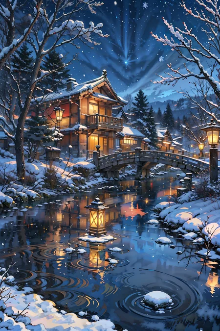 (masterpiece:1.3),(best quality:1.3),highres,vivid_color,colorful,ultra-detailed,masterpiece,extremely detailed CG unity 8k wallpaper,best quality,scenery,outdoors,<lora:Detailed_Places_R-128_v1:0.7>,snow,no humans,tree,outdoors,night,winter,building,east asian architecture,snowing,reflection,water,bridge,night sky,house,rock,bare tree,lamppost,lantern,