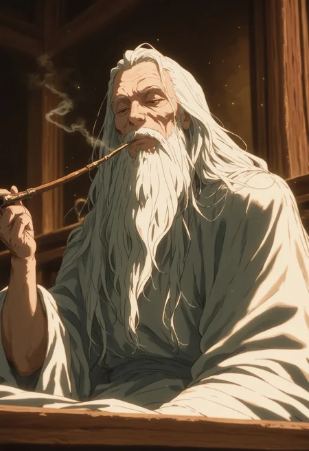crdhrs2, 1boy, solo, beard, facial_hair, old, long beard, white_beard, gandalf, very long hair, (white_hair), long_robes, white_robes, stoic, holding, holding_pipe, smoking_pipe, smoke, wooden_pipe, upper_body, close up, sitting, wizard, (wizard-staff), dark, scholar, wooden_table, scrolls, dark_background, scenery, light particles, foreshortening, blurry_foreground, depth of field, masterfully drawn, 4K, amazing quality, aesthetic, details, framevault, latest 2024, crdhrs2, , <lora:f433d27d-5d64-45e4-8805-fb94d21fd6ad:0.9>