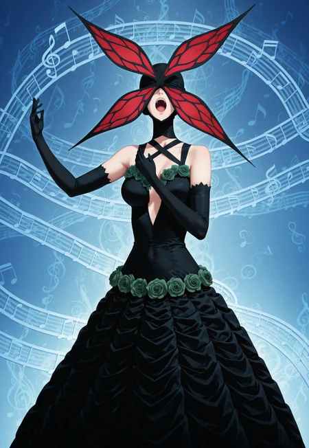 singing, dynamic pose,
1girl, solo, dgram4aria, black dress, dress, elbow gloves, green rose,
music, musical note, blue background,
detailed background, masterpiece,
best quality, amazing quality