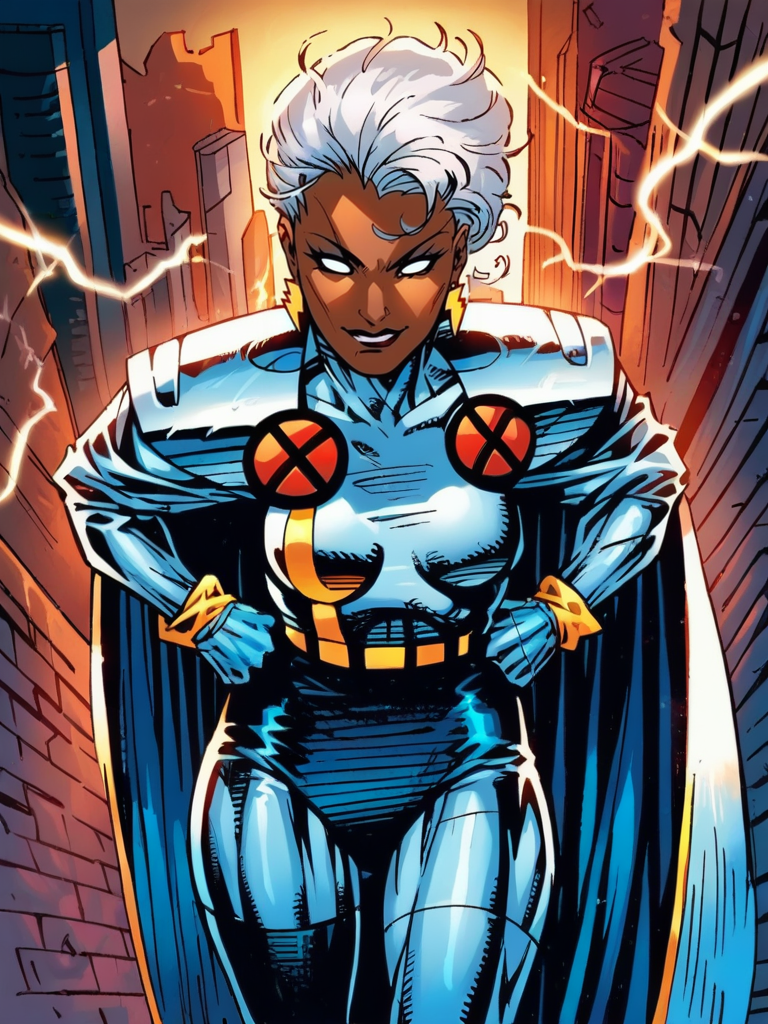 score_9, score_8_up, score_7_up, 1girl, leaning forward, cute pose, cowboy shot, (dynamic pose:1.1), dynamic angle, light smile, hands on hips, city, night, electricity around,
 <lora:Storm80s_Character:1>, StormClassic, makeup, dark skin, white hair, white eyes, bodysuit, cape, earrings, gloves, <lora:jl33XLP:0.6> jl33, science fiction,