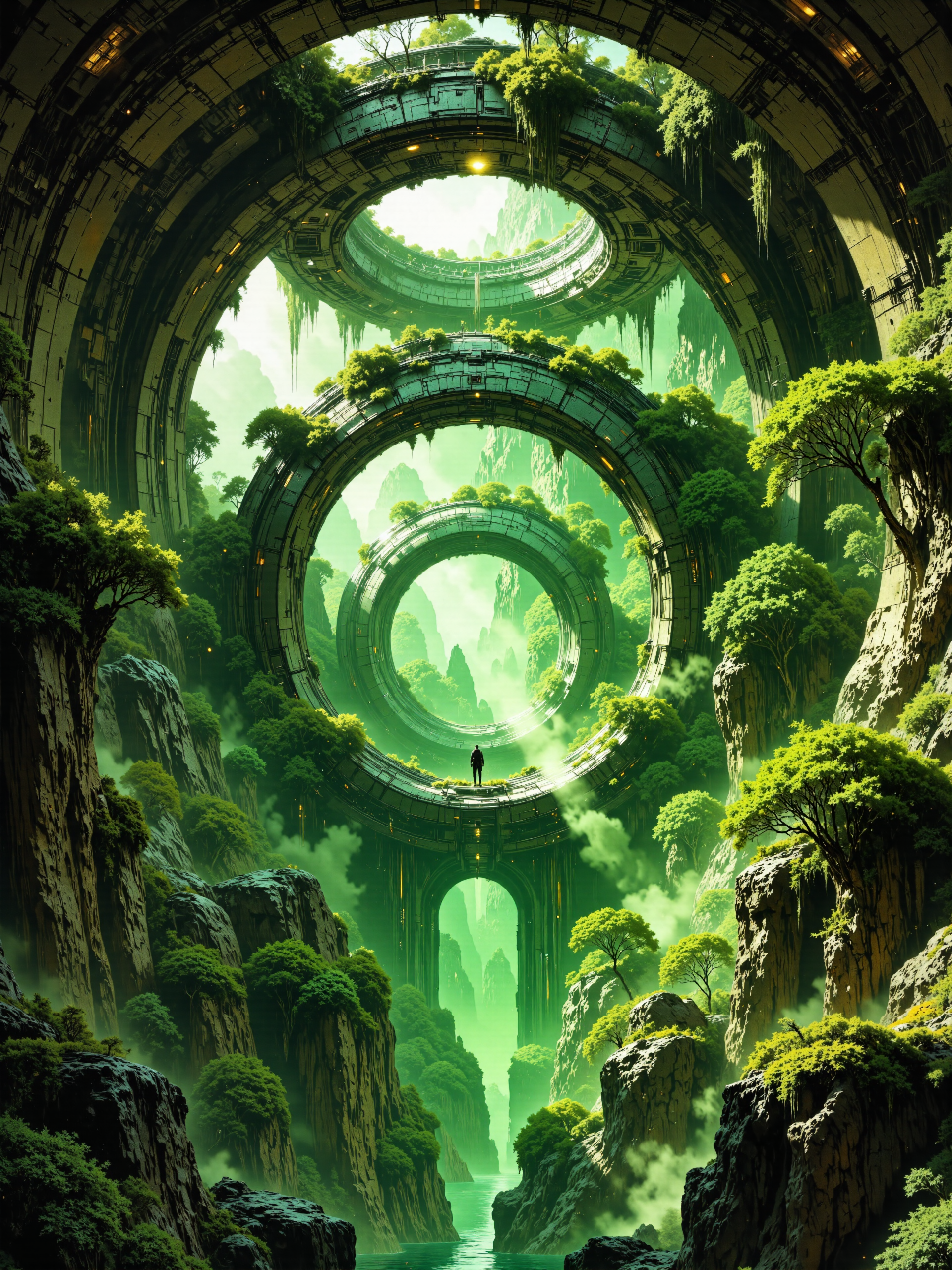 ultra-high-resolution cinematic film still, highest aesthetic quality, ultra-detailed, hyper-realistic, uhd, 8k, 4k,science fiction, cinematic sci-fi film still, ultra-detailed and photorealistic, deep within a lush alien jungle valley, a colossal sequence of circular stone rings meanders into the distance, their perfect curvature forming an immense tunnel-like corridor that stretches beyond sight, the rings resemble the ribcage of an ancient primordial serpent, each one towering, and made from an alien shimmering metal alloy, the surfaces are etched with cryptic geometric patterns, subtly illuminated by faint, bioluminescent traces of energy that still linger despite the passage of centuries. the structure is heavily overgrown yet mysteriously untouched by decay, thick vines dangle from the segmented arches, their tendrils swaying gently in the humid air, vibrant alien moss carpets the surfaces, thriving in the deep crevices of the stone, small luminescent herbs sprout between the cracks, casting a soft glow that contrasts with the deep shadows of the structures cavernous interior, massive tree roots coil around the outermost rings, as if nature itself has embraced this forgotten relic. the perspective is low and deep within the structure, looking outward through the repeating arches as they frame the distant jungle beyond, atmospheric mist drifts through the openings, catching beams of golden light that pierce through the dense jungle canopy, emphasizing the sheer scale and depth of the corridor, the eye is naturally drawn toward the fading silhouettes of the final rings disappearing into the hazy, green-lit distance. the lighting is cinematic and moody, warm shafts of light filtering through the jungle canopy, creating a play of highlights and deep, mysterious shadows, the air is thick with humidity, soft mist curling around the base of the structure, faint motes of pollen drifting lazily through the air, evoking an ancient, almost sacred atmosphere. photographed with a large-format cinematic camera, capturing razor-sharp details in the stones intricate textures, the rich organic growth, and the interplay of light and shadow, a shallow depth of field emphasizes the immense scale while keeping the foreground rich with detail, subtle chromatic aberration and atmospheric haze add depth and realism, the color palette is dominated by deep greens, warm golds, and weathered stone grays, evoking a world where nature and forgotten technology have become one, ovg, artilands02, <lora:style-fantastic_landscapes-v2-flux-by_artifyai:0.92> <lora:hla-happy_little_accident-v1_creative-image_enhancer-by_kftiger:0.72>