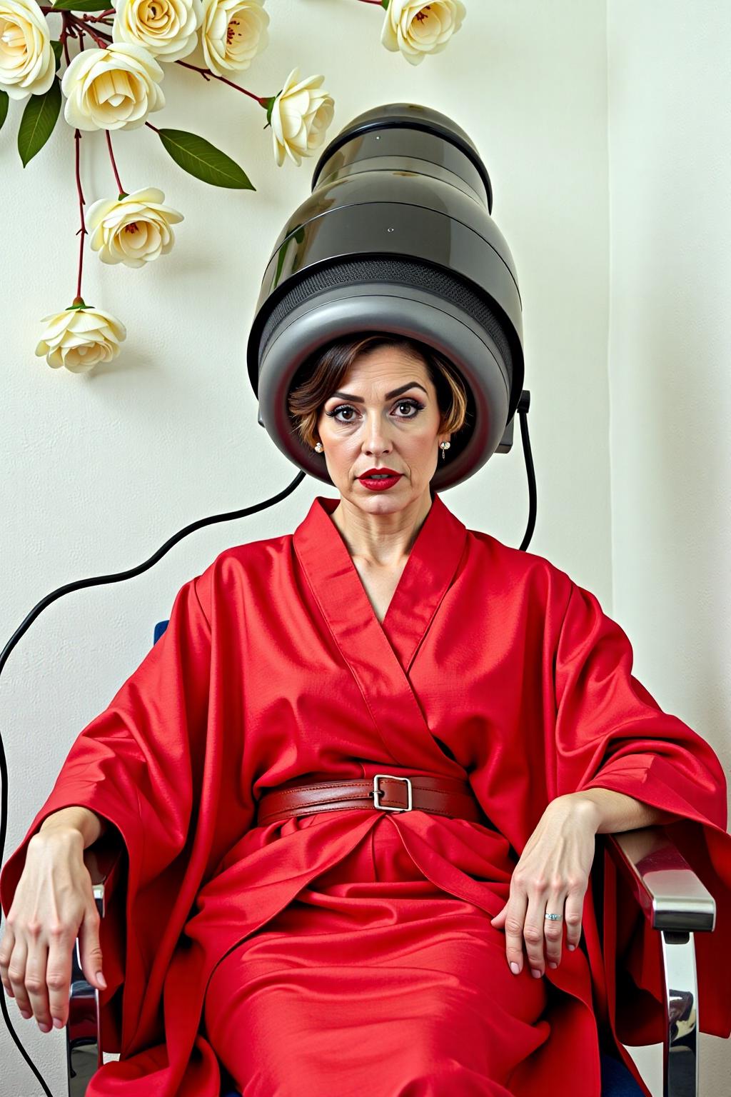a woman in a red kimono is seated on a chair, her left arm resting on the armrest of the chair. Her right arm is stretched out in front of her, while her left hand is resting on her hip. She is wearing a large vintage hair dryer over her hair. The woman's hair is styled in a bob, adding depth to the scene. The backdrop, a stark white wall, is adorned with white flowers, adding color to the overall composition. <lora:vintage_hair_dryer_v1:1.0> <lora:Flux-Sch-SingleBlocks-BF16:1.0><lora:803882801372913288:0>