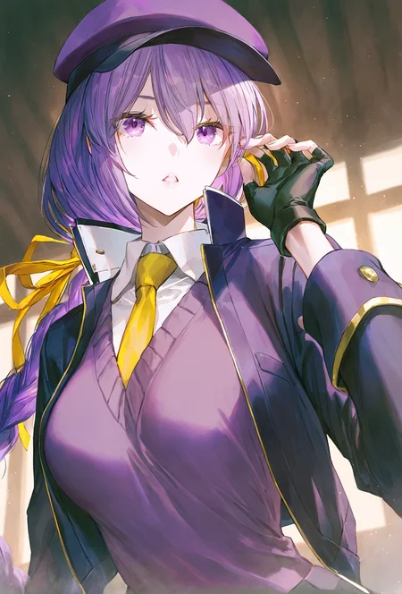 artist:gomzi,artist:wanke,artist:diyokama, rei_(sanbonzakura),[[artist:fuzichoco]],year 2023,
1girl, solo, eltnum \(under night in-birth\), purple eyes, purple hair, long hair, single braid, hair ribbon, yellow necktie, purple jacket, purple vest, miniskirt, fingerless gloves, single glove, purple glove, sweater vest, purple headwear,
upper body
<lora:uni_femaleplayables.naixl1-000008:1>