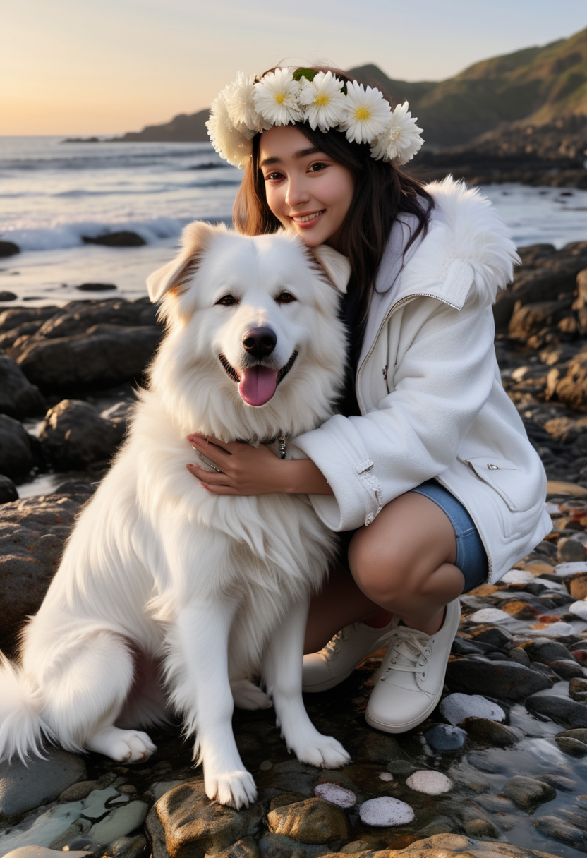 (medium full shot) of (friendly dog) with white fluffy coat, a flower crown, performing cuddling with its owner, set in  a rocky beach, featuring tide pools, curious dogs exploring, a cool breeze, and an adventurous feel, in the evening, Masterpiece,best quality, photo, realistic, very aesthetic,
