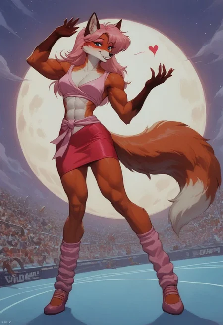 (score_9, score_8_up:1.1), score_7_up, retrofuturism, retro artstyle, furry, anthro, 1girl, gorgeous red fox girl, (muscular female, abs:1.3), tall, (long legs, strong legs), extended leg, long pink hair, blue eyes, pink fringe sash, pink eyeshadow, smile, sexy, beautiful face, bulging breasts, breasts exposed, calves, wearing leg warmers, (dancing aerobics), (exercising), (dynamic pose:1.3), (retro TV show), crowded, girl looking at viewer, blushing, worried, wide angle, full body, intricate detail, floating hearts,