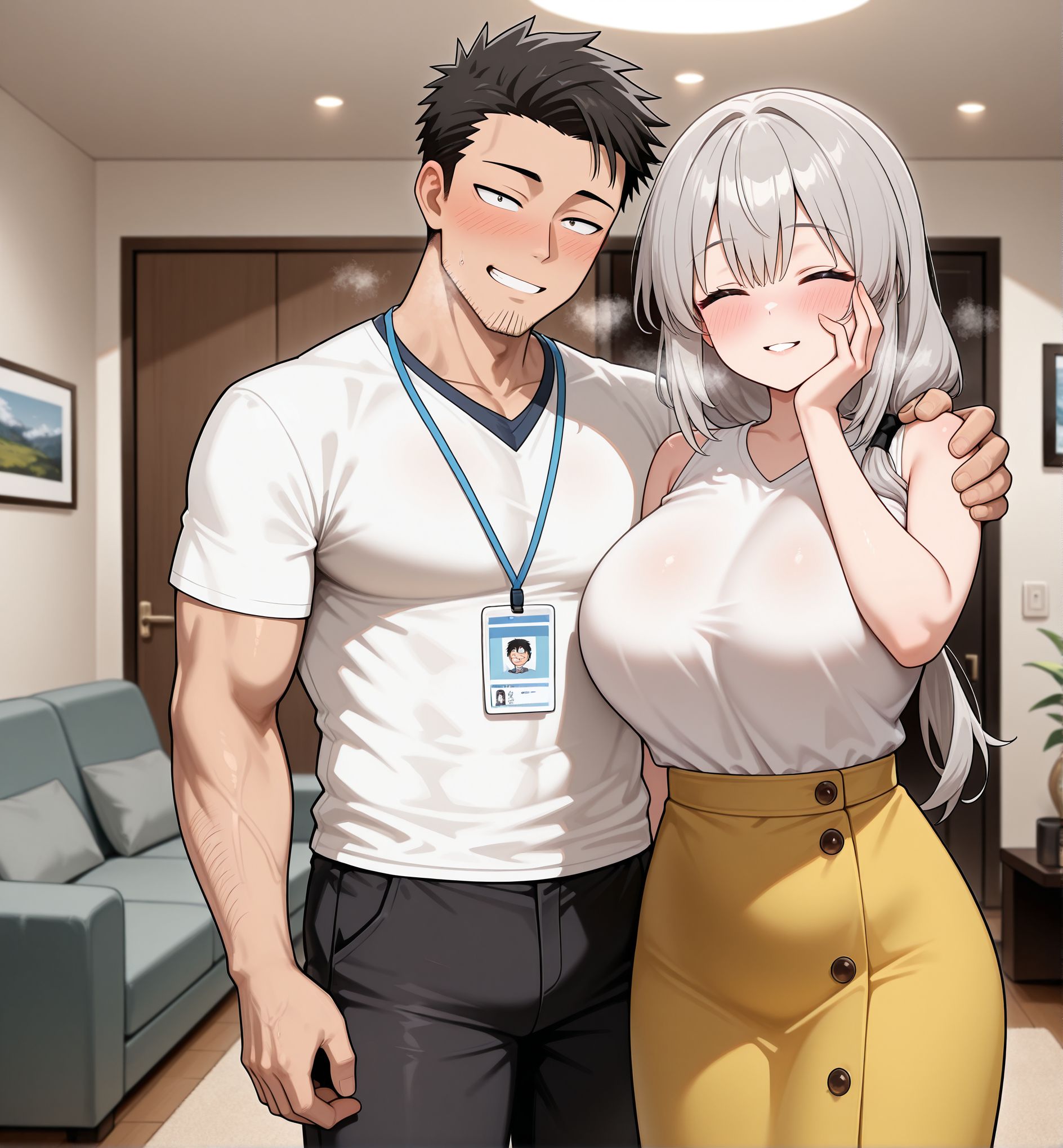masterpiece,best quality,amazing quality,very aesthetic,absurdres,newest, huge filesize,
<lora:spo_sdxl_10ep_4k-data_lora_webui:0.5>,
<lora:add-detail-xl:1>
living room ,
 1girls,  looking at viewer, breasts,  hand on another's shoulder, hand_on_another's_shoulder, bare arms, bare shoulders, smile, blush, parted lips, heavy breathing, standing, 
BREAK
<lora:Uzaki_V1:1>Uzaki_V1,
stubble,short sleeves, 
smile,black hair,  black pants, short  pants, 
facial hair, white shirt, 
grin,   id card,
short hair, u_sakurai,   sanpaku, 
mature male,  muscular male, 
BREAK
long hair, 
mature female, bangs, closed eyes,  light smile,  one hand on face,
u_tsuki,  white shirt,  yellow skirt,  large breasts,  grey hair, 
brown button skirts,
(untucked shirt:1),