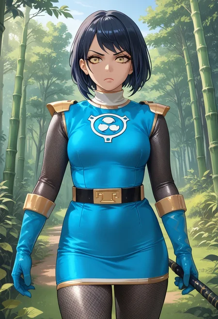 score_9, score_8_up, score_7_up, BREAK,
1girl, solo, BREAK,
sentaikageblue, shiny clothes, spandex, BREAK,
silver bodysuit, fishnet bodysuit, bodysuit under clothes, aqua dress, shoulder pads, aqua skirt, black belt, BREAK,
aqua gloves, no headwear, BREAK,
ku70u5a4a, dark hair, short hair, yellow eyes, medium breasts, thick thighs, BREAK,
standing, serious, BREAK,
dutch angle, outdoors, forest, bamboo, evening,