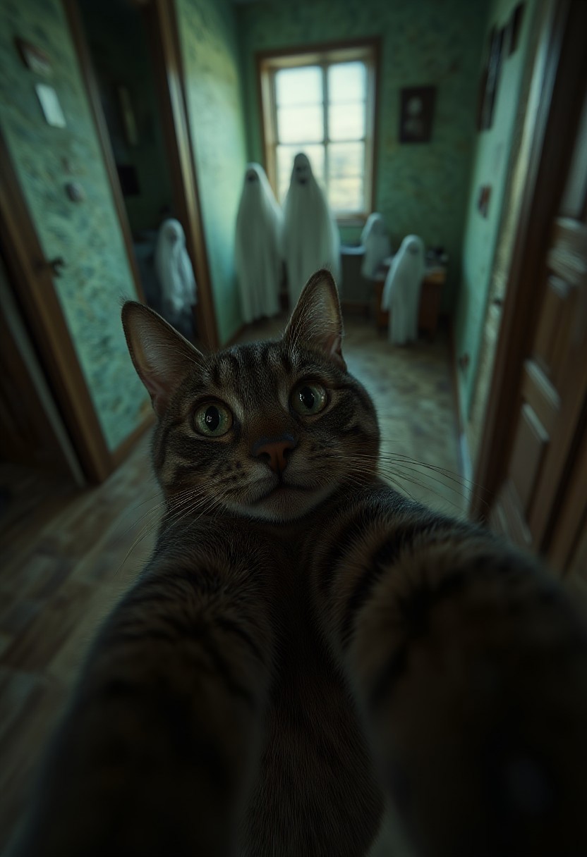 Black cat taking selfie in an old, battered haunted mansion with white scary ghosts on the background. Fog, green glow, aidmaMJ6.1