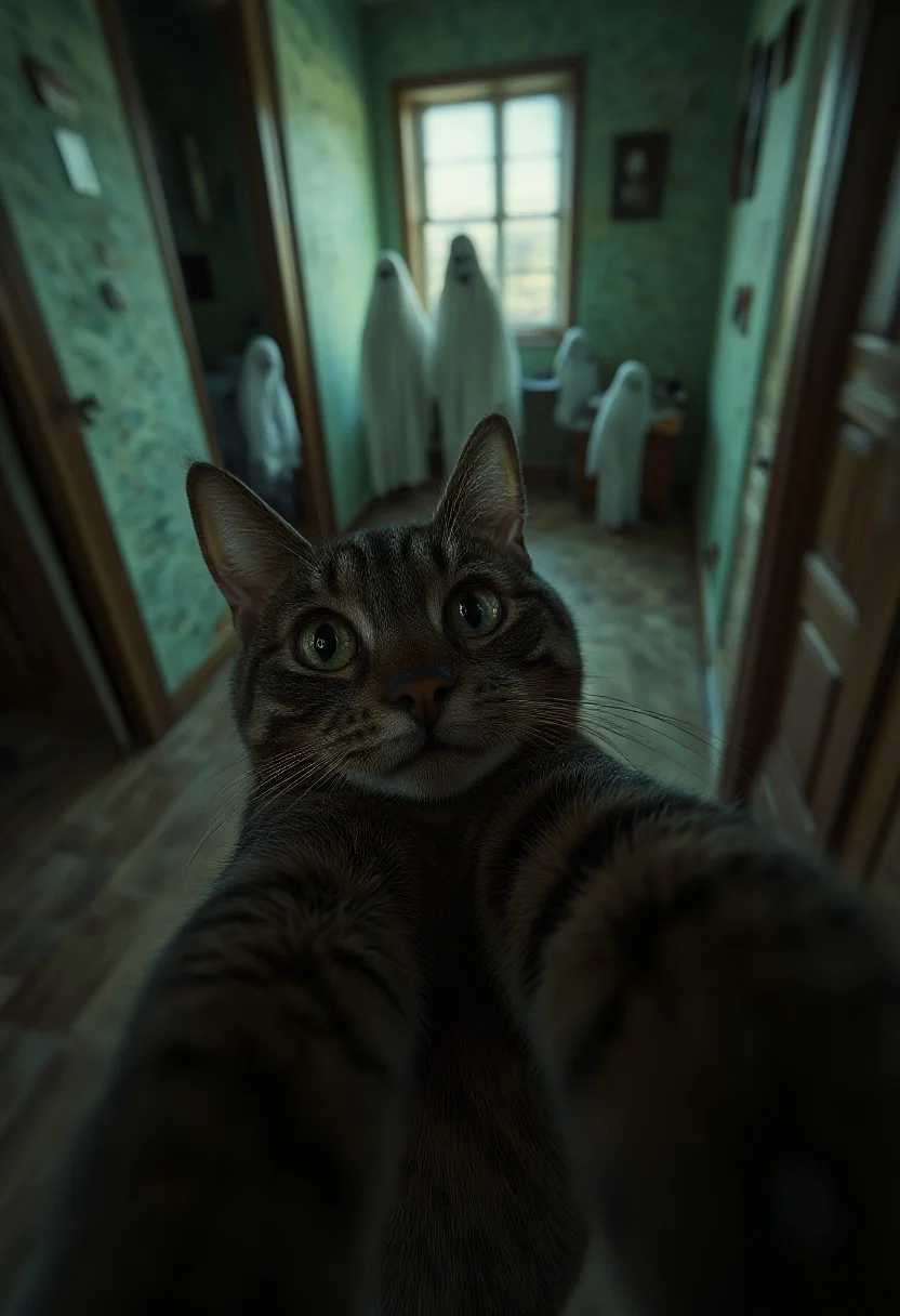 Black cat taking selfie in an old, battered haunted mansion with white scary ghosts on the background. Fog, green glow, aidmaMJ6.1
