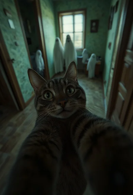 Black cat taking selfie in an old, battered haunted mansion with white scary ghosts on the background. Fog, green glow, aidmaMJ6.1