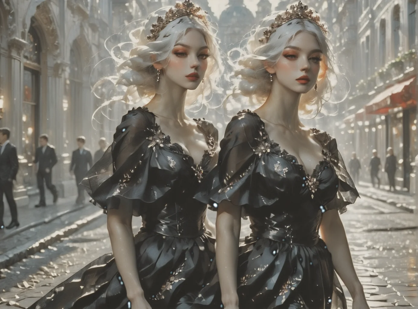 score_9, score_8_up, score_7_up, character in profile, walking, looking at surroundings, woman, pale skin, huge breasts, <lora:sm0k3XLP:1>, <lora:goth_clothes:1>, lollita dress, black dress, lollita, red details, Long white hair, young face, <lora:Our_Muted_Future_Style:1>, <lora:vivid_everclear:1>,
