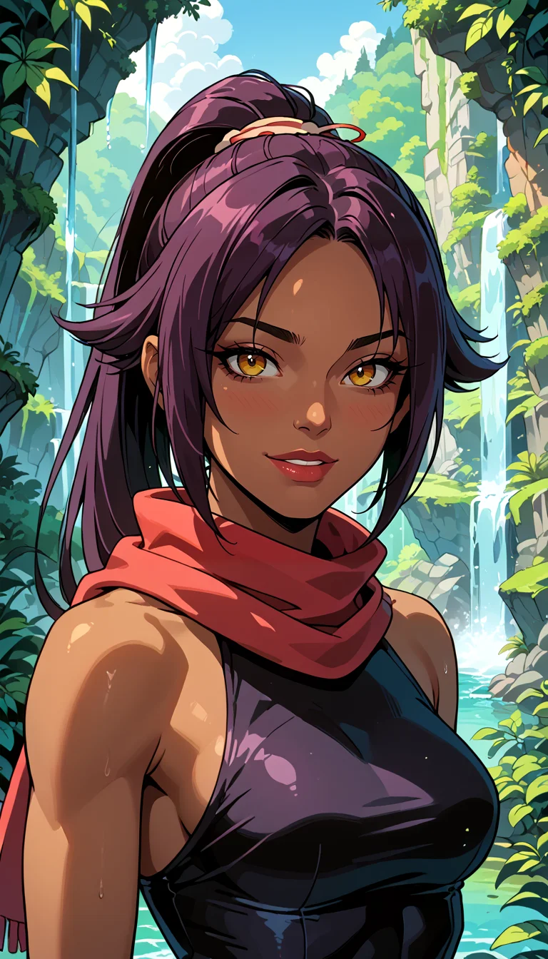 score_9, score_8_up, score_7_up, Western Comics, Portrait, Shihouin Yoruichi, cute, seductive, innocent, light smile:0.3, plump lips, slender body, cute dark skin, ponytail, leotard, scarf, waterfalls background, depth of field, dynamic angle, fashion photography, sharp, hyperdetailed:1.15