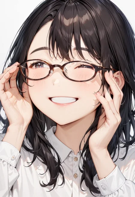 masterpiece, best quality, very aesthetic, absurdres,
1girl, solo, black hair, long hair,
oval_cell, glasses, brown-framed eyewear,
collared shirt, happy, smile, looking at another, adjusting eyewear, white background, simple background,
<lora:oval_glasses_cell-frame2_SDXL_V1:1>