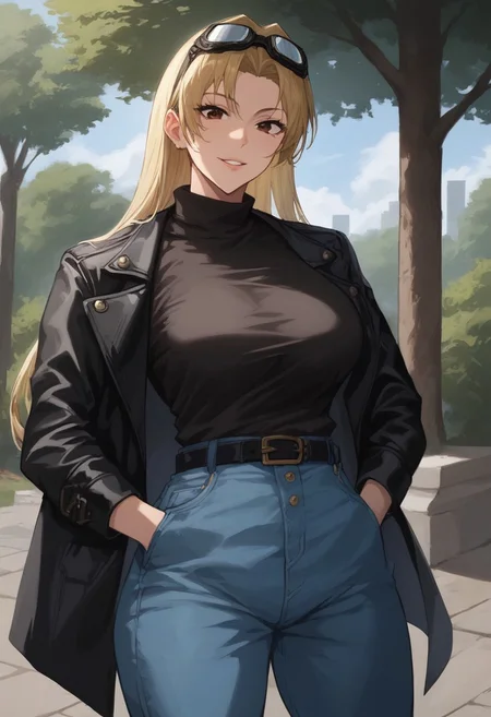 score_9, score_8_up, score_7_up, source_anime, uncensored, <lora:Viper_Risen-000014:1>, v1p3r1seV6, BREAK, 1girl, long hair, blonde hair, brown eyes, Yuki Tsukumo, turtleneck, black shirt, black leather jacket, leather jacket, goggles, goggles on head, denim jeans, black belt, big breasts, curvy, big ass, seductive smile, seductive eyes, smile, head tilt, smile, parted lips, looking at viewer, solo, cowboy shot, dynamic pose, hands in pockets, outdoors, park, bridge, sunset,