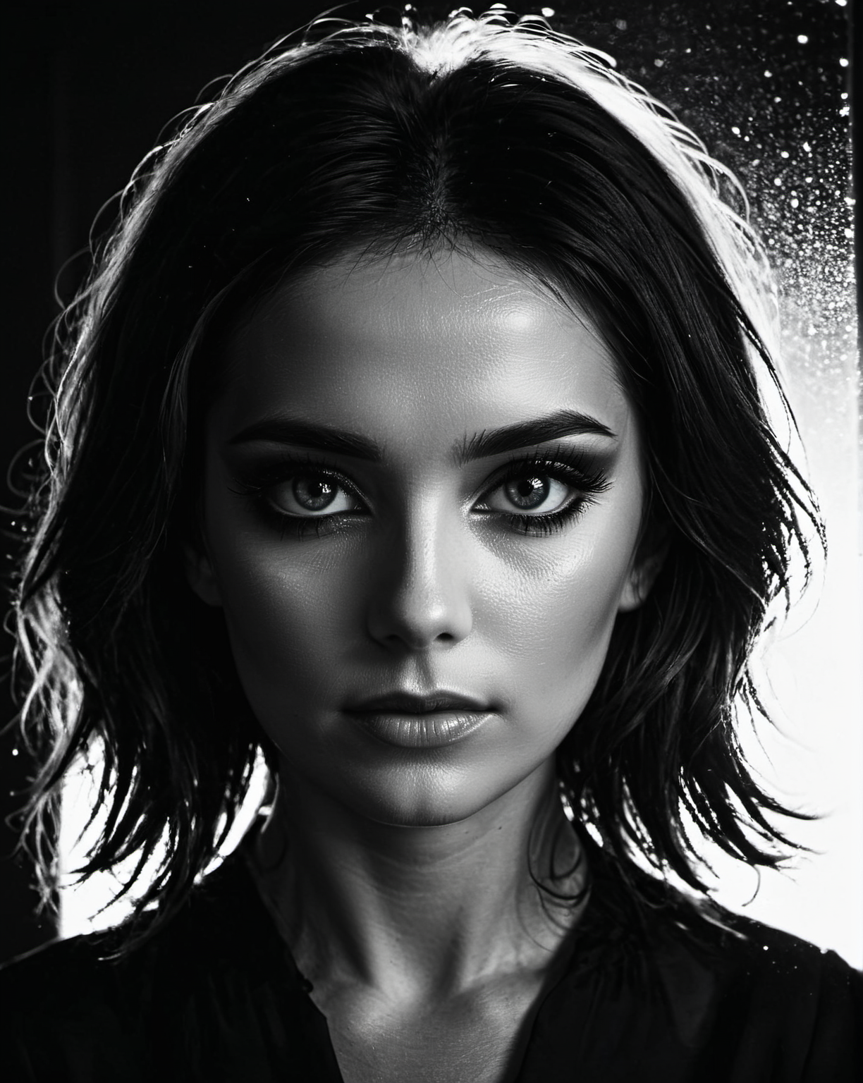 Silhouette style woman,  low light, dramatic lighting, darkness, window lighting, eye lighting, water, black background,   <lora:S4ndr4_mm4:0.9> S4ndr4 . High contrast, minimalistic, black and white, stark, dramatic