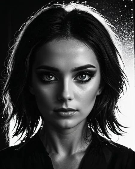 Silhouette style woman, low light, dramatic lighting, darkness, window lighting, eye lighting, water, black background, <lora:S4ndr4_mm4:0.9> S4ndr4 . High contrast, minimalistic, black and white, stark, dramatic