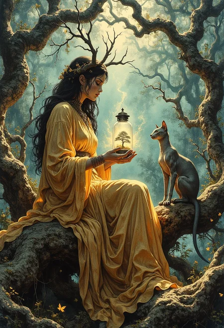 A mystical woman sits atop a massive, weathered tree stump in a dense, ancient forest. She wears a flowing golden gown that cascades around her, pooling over the gnarled wood. Her dark, waist-length hair is interwoven with antler-like branches that extend from her head, their twisted limbs adorned with small golden trinkets. Her face is pale with sharp, symmetrical features, and her eyes are framed by long, dark lashes.
She holds a glass lantern containing a small bonsai tree that emits a soft golden glow. Wisps of light rise from the lantern, drifting upward. Across from her, a feline-like creature with sinewy, nearly hairless skin perches on the stump, watching her intently. Its long limbs and sharp gaze add to its striking appearance.
The background consists of towering, ancient trees with gnarled roots and twisted branches. A dense blue-green mist swirls around the scene. Tiny golden fireflies hover in the air, casting soft points of light. Moss and small plants grow along the bark of the tree stump, adding texture to the surface.
Overhead, the tangled branches of the forest stretch toward the sky, partially obscuring the view above. The lighting is soft and diffused, with a cool-toned glow filtering through the mist. Her golden gown contrasts against the darker, muted tones of the environment.