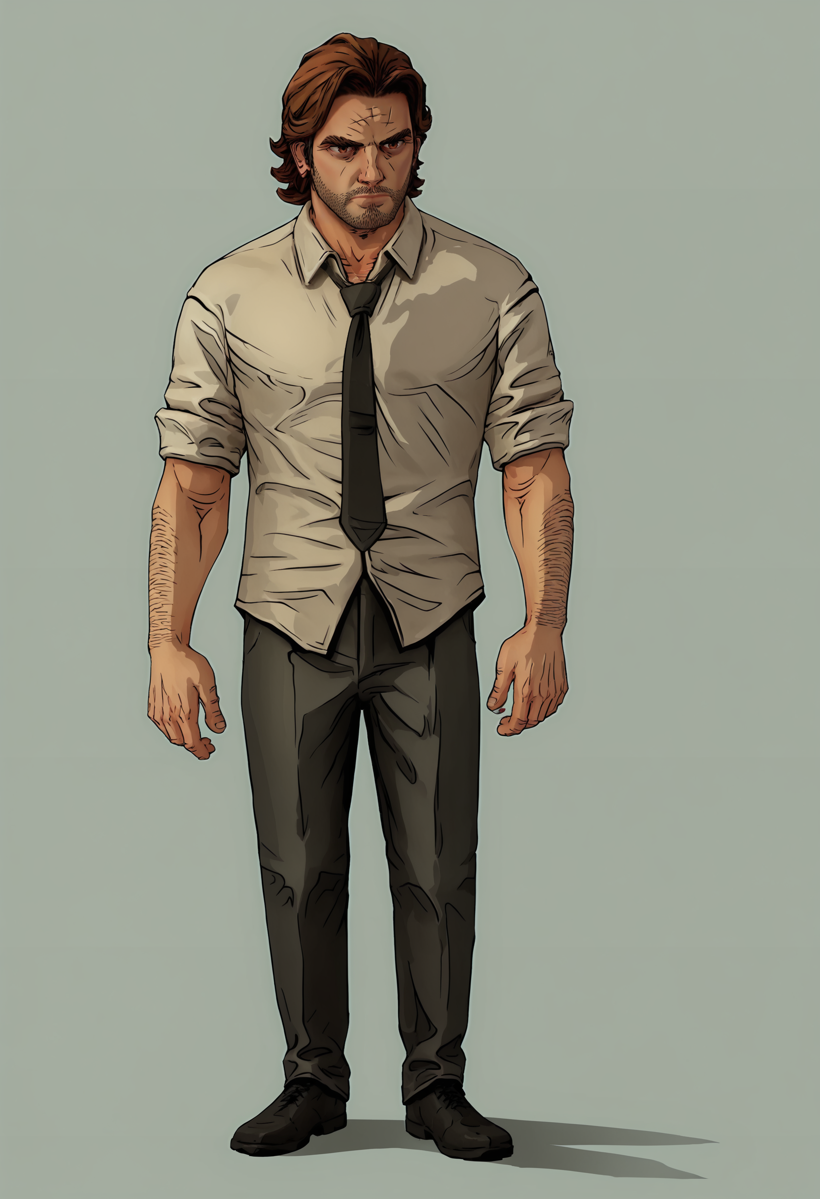 score_9, score_8_up, score_7_up, score_6_up, score_5_up, score_4_up, 1boy, <lora:BigbyWolf:0.85> solo, brown hair, facial hair, brown eyes, stubble, shirt, pants, black necktie, collared shirt, arm hair, full body, standing,
(light blue background), simple background,