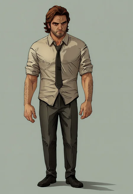 score_9, score_8_up, score_7_up, score_6_up, score_5_up, score_4_up, 1boy, <lora:BigbyWolf:0.85> solo, brown hair, facial hair, brown eyes, stubble, shirt, pants, black necktie, collared shirt, arm hair, full body, standing,
(light blue background), simple background,