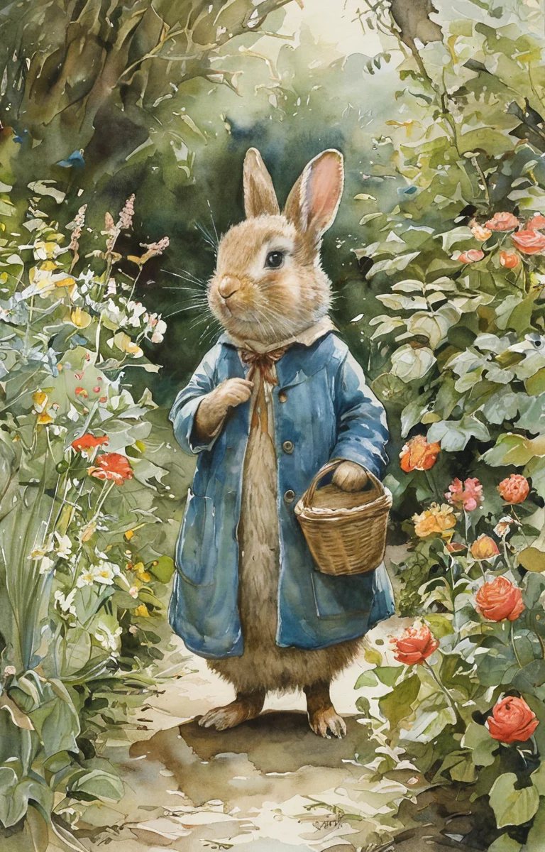 masterpiece,best quality,<lora:tbh134-sdxl:0.85>,garden,outdoor,illustration,watercolor,Beatrix Potter,