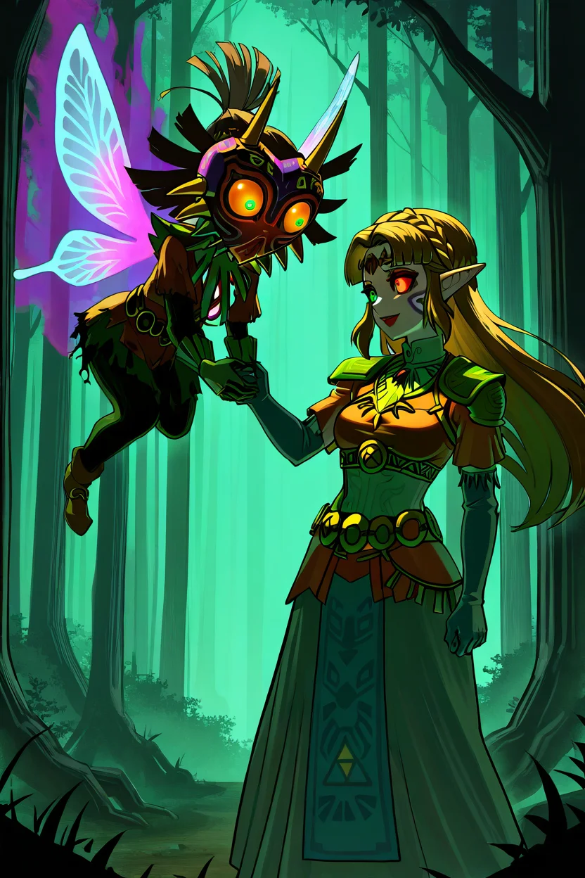 masterpiece, best quality, zzMajora, majora (entity), princess zelda, tael, tatl, nintendo, the legend of zelda, the legend of zelda: breath of the wild, the legend of zelda: majora's mask, the legend of zelda: tears of the kingdom, absurdres, highres, 7essa, armor, aura, black sclera, blue eyes, body markings, breasts, brown hair, colored sclera, corruption, dark persona, dress, elbow gloves, evil smile, facial mark, fairy, fairy wings, floating, forest, gloves, glowing, green eyes, heterochromia, lipstick, long hair, looking at another, looking to the side, makeup, mismatched pupils, mismatched sclera, nature, orange sclera, outdoors, pauldrons, pointy ears, possessed, possession, red eyes, shoulder armor, skirt, smile, tiara, torn clothes, torn dress, torn skirt, tree, triforce, wings ,<lora:MajoraZeldaIXL_v2:1.0>,