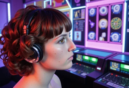 woman side profile, showered with australian money cash currency falling in front of her face, she has a wild look in her eyes like she has just won a jackpot in a very clean white room science experiment, woman of 18 years old with brunette bangs in anervous system and veins bodysuit, curly hair sitting at a modern slot machine. She has no face and only skin for a face. She is surrounded by multi colored bolts of high intensity electricity and lightning as well as holograms of futuristic cubes projecting around the room with eyeballs inside them