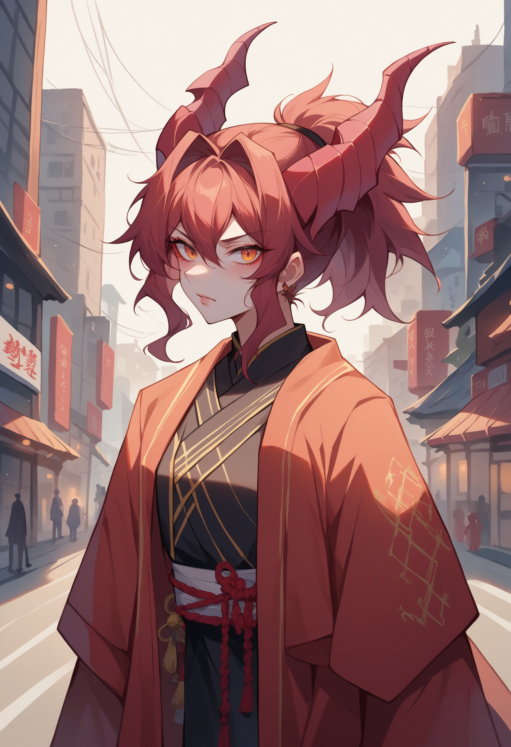 score_9, score_8_up, source_anime, female, the swords of the dragonborn, in the style of neo-traditional japanese, magali villeneuve, intensity, urban and edgy, xiaofei yue, dark crimson and orange, traincore,