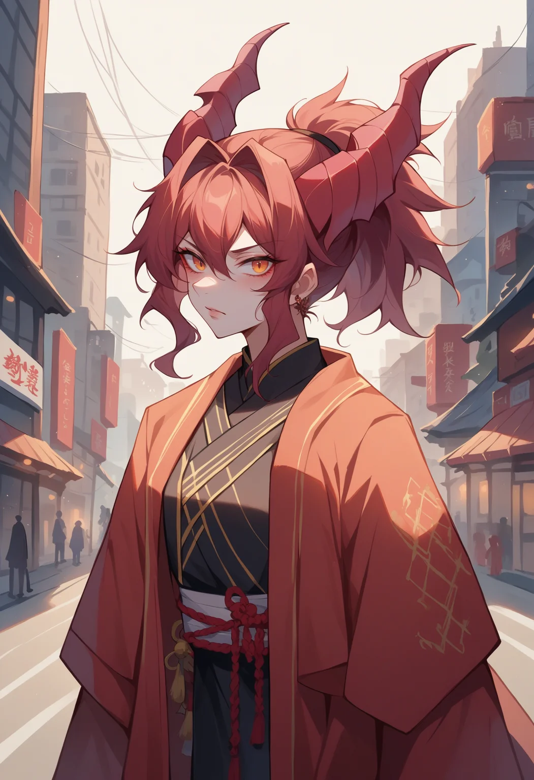 score_9, score_8_up, source_anime, female, the swords of the dragonborn, in the style of neo-traditional japanese, magali villeneuve, intensity, urban and edgy, xiaofei yue, dark crimson and orange, traincore,