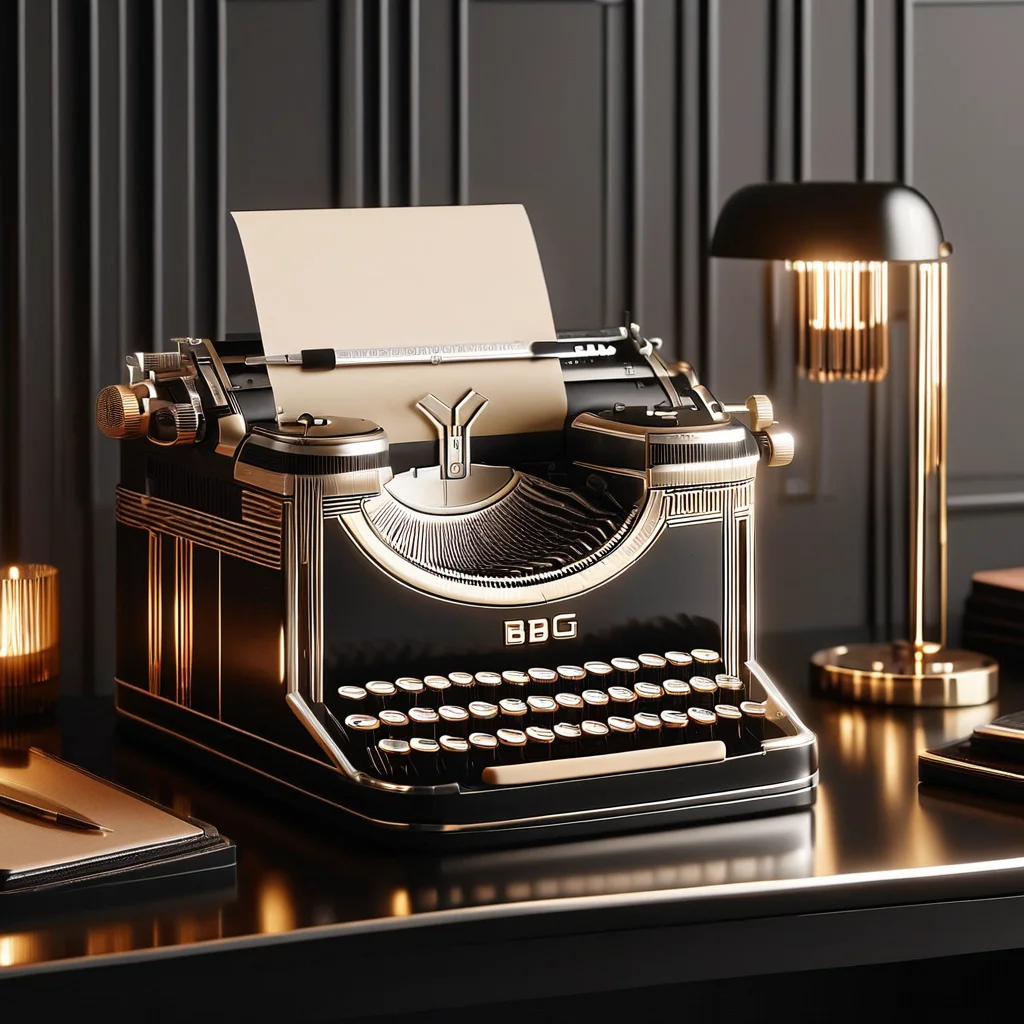 RetroBG, vintage typewriter, black body, chrome accents, round keys, sheet of paper, desk, decorative objects, gold bars, candles, adjustable lamp, warm ambiance, retro aesthetic, contrast with modern technology, detailed, high quality, vibrant colors, dynamic composition <lora:RetroLuxe World Morph:1>