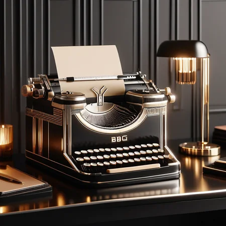 RetroBG, vintage typewriter, black body, chrome accents, round keys, sheet of paper, desk, decorative objects, gold bars, candles, adjustable lamp, warm ambiance, retro aesthetic, contrast with modern technology, detailed, high quality, vibrant colors, dynamic composition <lora:RetroLuxe World Morph:1>