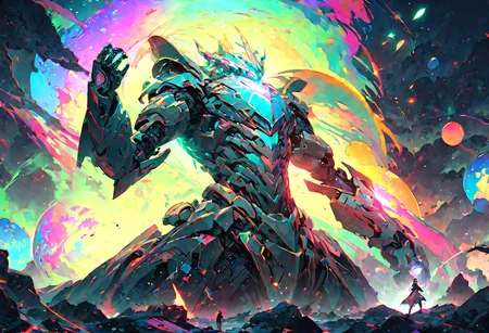 ((masterpiece, best quality, extremely detailed, absurdres)),(fantasic illustration, dynamic lighting), layered, on a futuristic moon, a giant robot dragon (guarded by bright luminous different sized spheres of different coloured lights:1.2), the earth can be seen in the sky, glowing luminous energy glowing through broken armour, <lora:flat2:-1.8>, (cinematic composition and lighting)