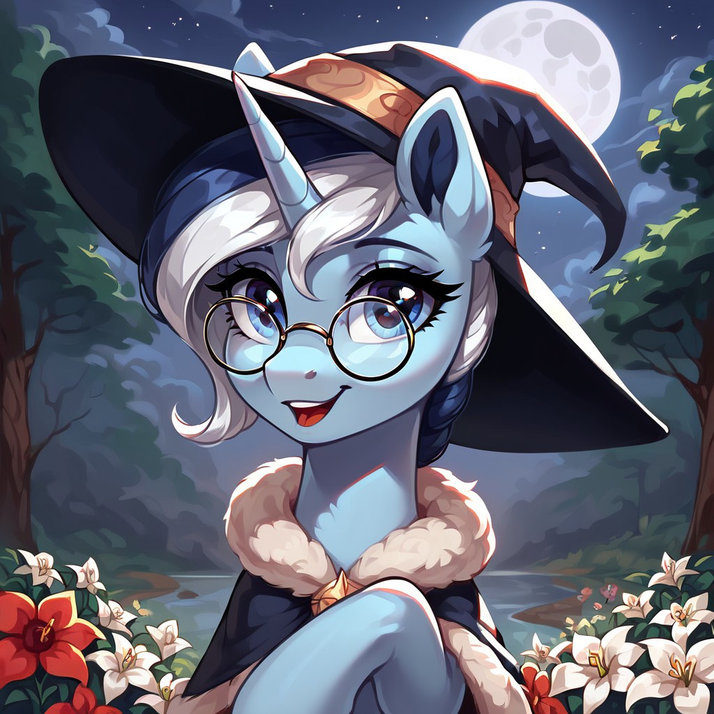 masterpiece, score_9, score_8_up, score_7_up, (best quality:1.1), ultra-detailed, high resolution, 1character, River Swirl, unicorn pony, light blue skin, fluffy pony ears, horn, black and white mane, feral, female, mare, witch costume, witch hat, (((beautiful detailed kornflower blue eyes))), round glasses, looking at you, long eyelashes, outdoors, Long eyelashes, Highly Visible, (((8k))), from Equestria at War, grimdark, night, moon in the sky, sharp focus, perfect lighting, beautiful eyes, detailed outfit, anatomically correct, extremely detailed, shine on body, high detail, cute face, happy facial expression, Expressiveh, detailed background, OverallDetail, zPDXL2