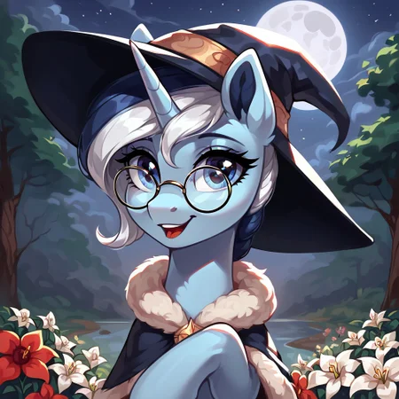 masterpiece, score_9, score_8_up, score_7_up, (best quality:1.1), ultra-detailed, high resolution, 1character, River Swirl, unicorn pony, light blue skin, fluffy pony ears, horn, black and white mane, feral, female, mare, witch costume, witch hat, (((beautiful detailed kornflower blue eyes))), round glasses, looking at you, long eyelashes, outdoors, Long eyelashes, Highly Visible, (((8k))), from Equestria at War, grimdark, night, moon in the sky, sharp focus, perfect lighting, beautiful eyes, detailed outfit, anatomically correct, extremely detailed, shine on body, high detail, cute face, happy facial expression, Expressiveh, detailed background, OverallDetail, zPDXL2
